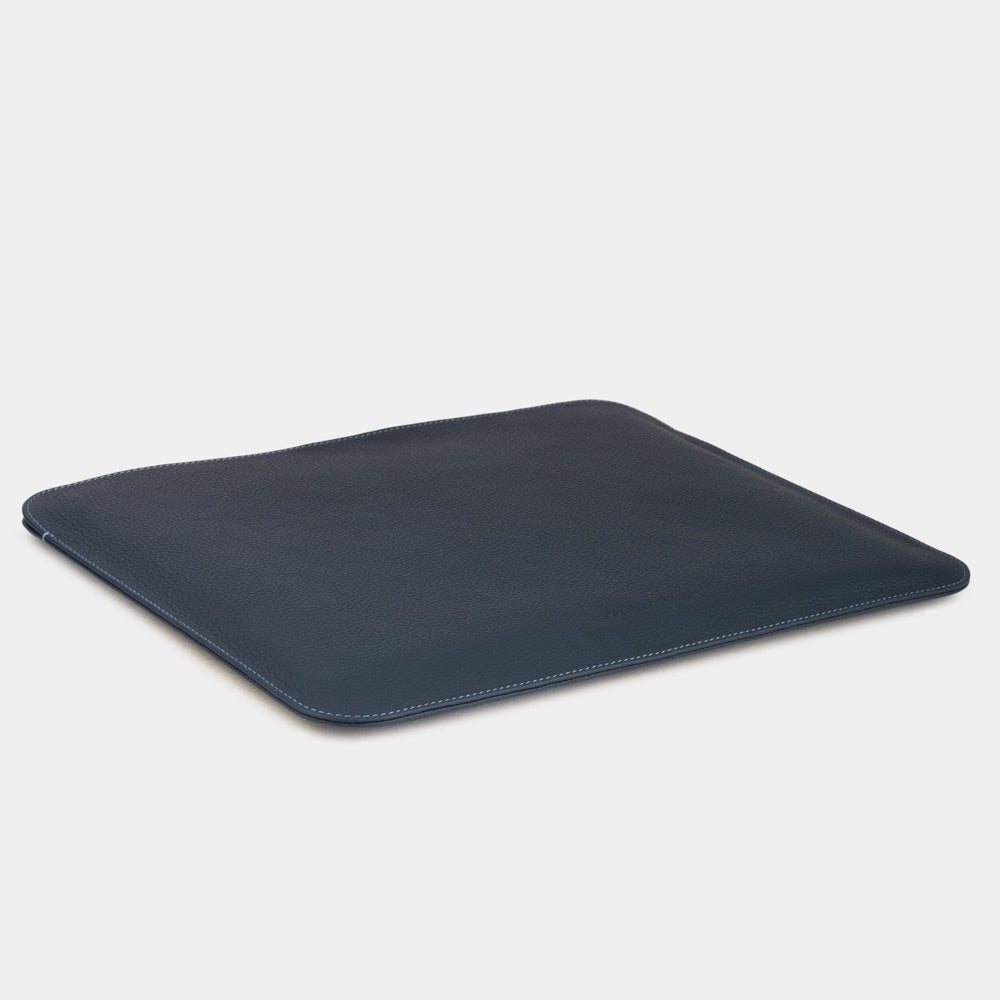 Slim blue leather laptop sleeve 14 inch, minimalist protective MacBook case