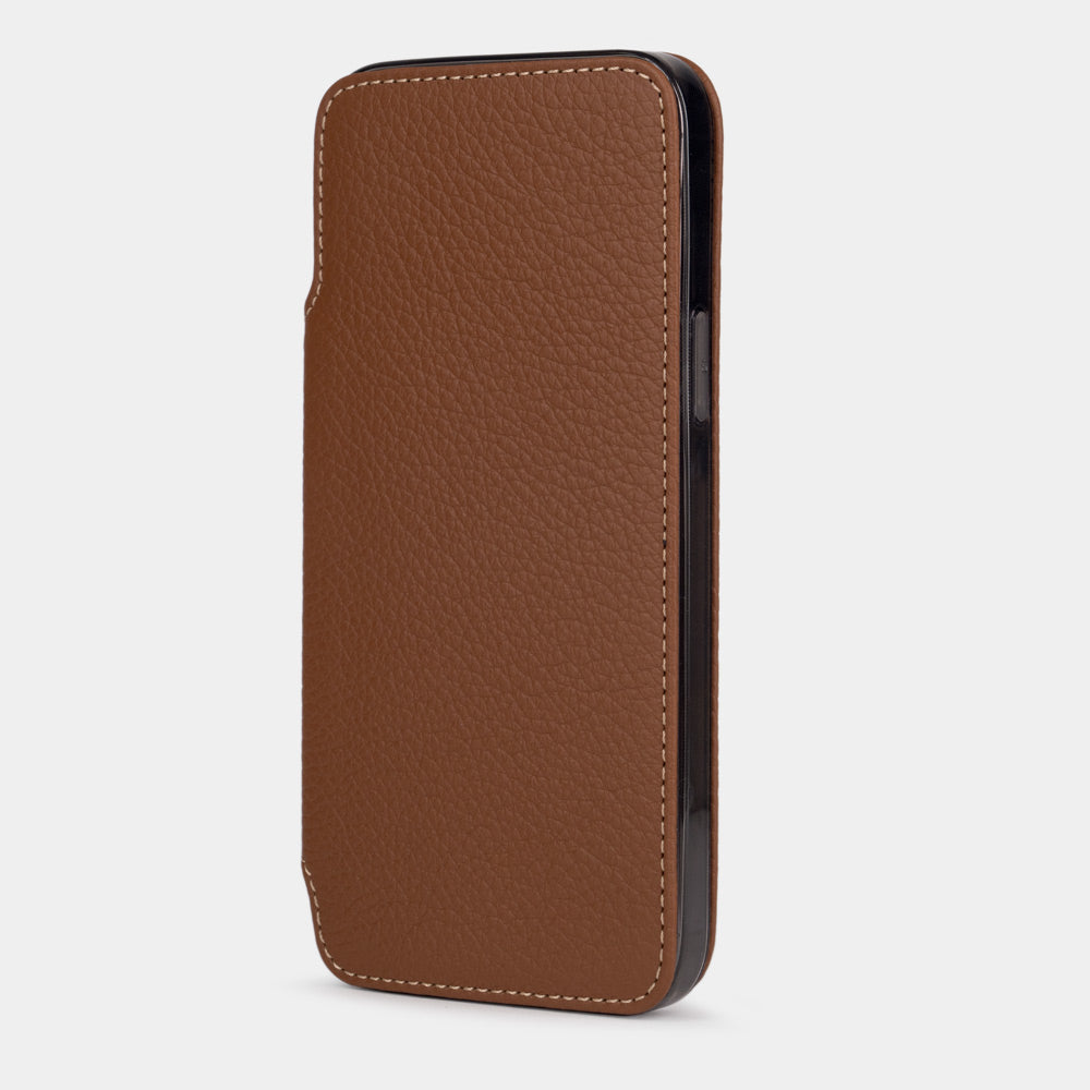 Gold Calfskin Wallet Case iPhone 15 Pro Max – luxury handmade phone case in genuine leather with magnetic front cover closed