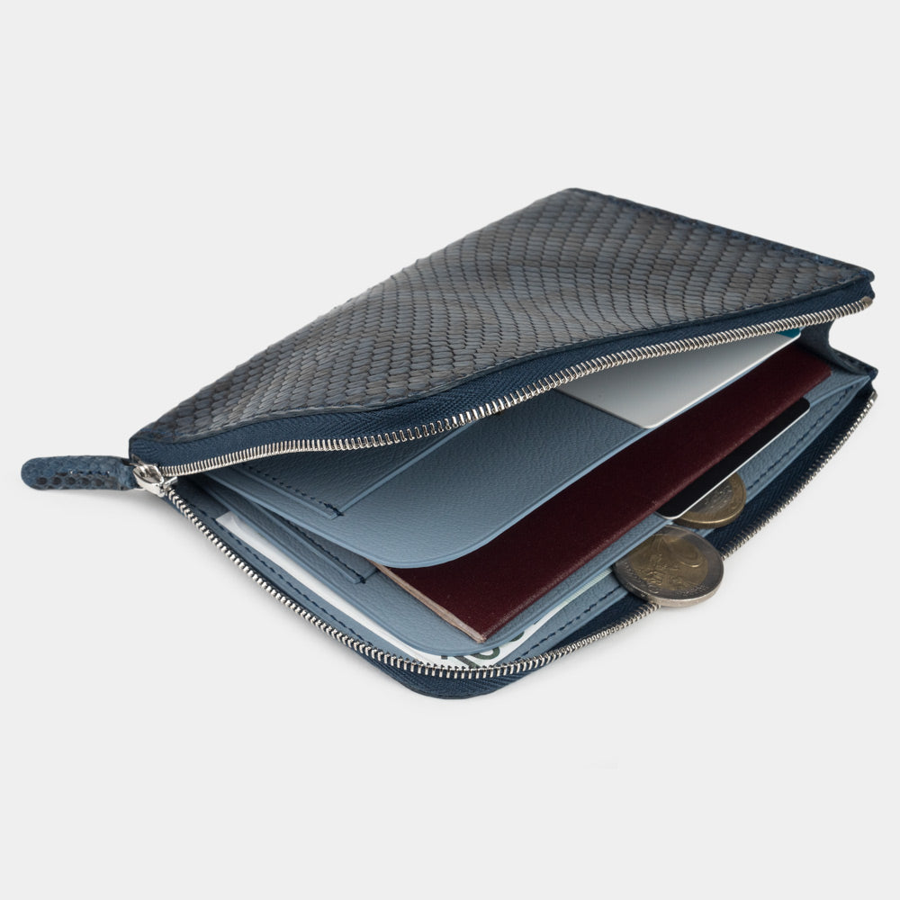 Python Leather Zip Wallet with Card Holder - Blue