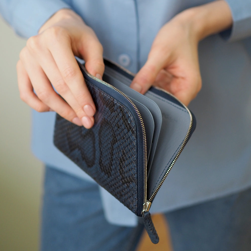 Python Leather Zip Wallet with Card Holder - Blue