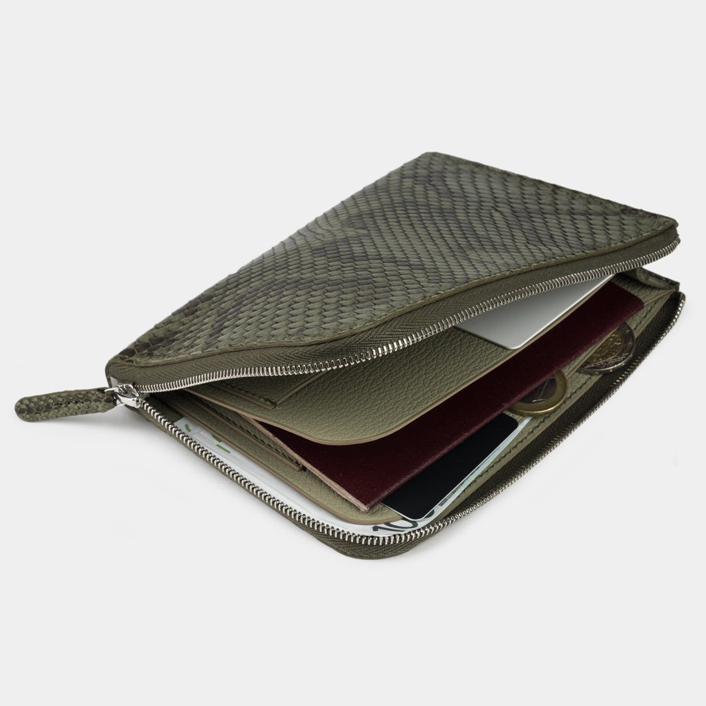 Green Python Leather Zip Around Wallet with Card Holder
