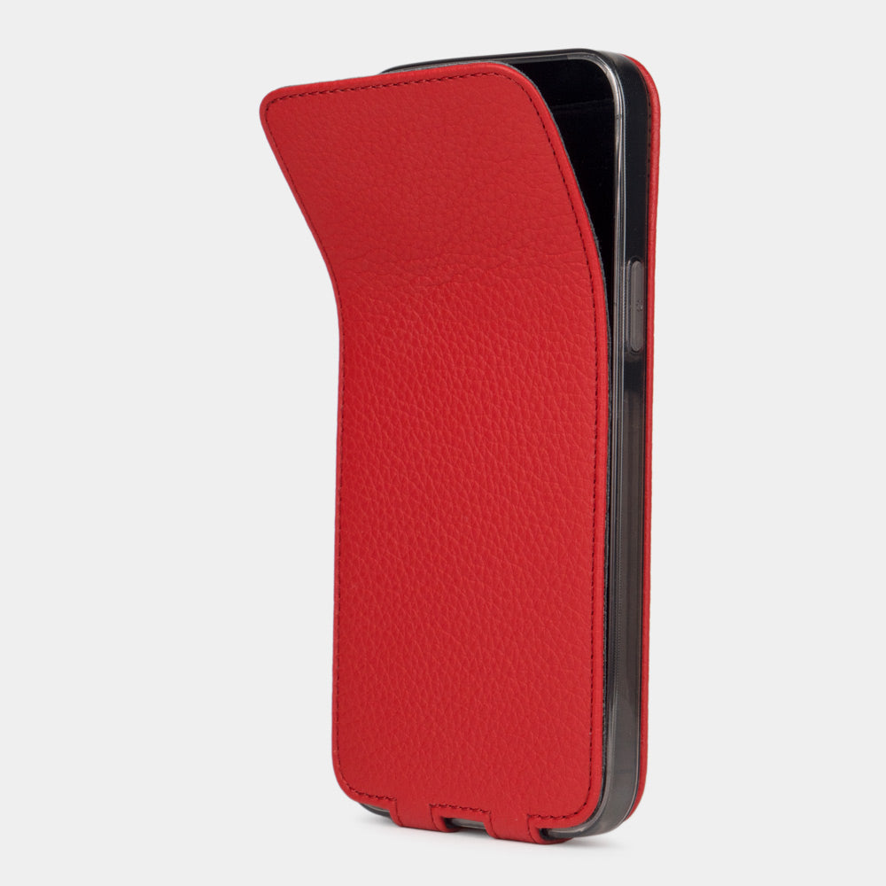 iPhone 14 Pro flip case made with red premium leather – view showing how to open and fold back the soft flap to clean the screen