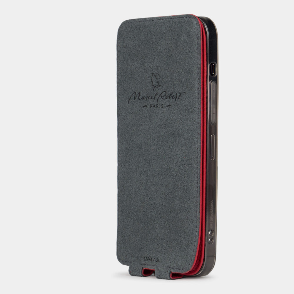 iPhone 14 Pro flip case made with red premium leather – flap folded onto the back of the iPhone, showing the Alcantara® fabric lining that cleans the screen