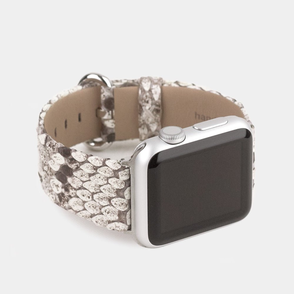 natural python strap apple watch with steel adapters and buckle frontal view