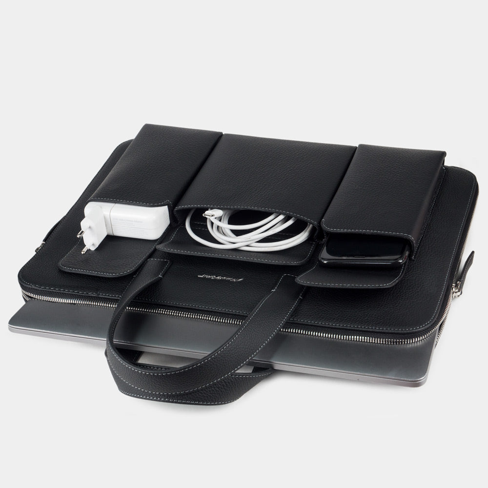 Men’s 17 Inch Leather Laptop Bag with Pockets – Black Executive Briefcase