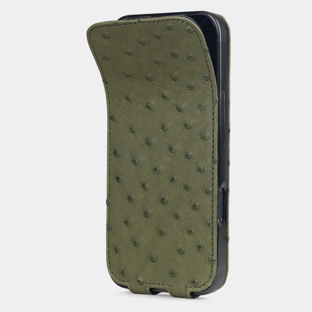 Green Ostrich Case iPhone 17 Pro Max – phone flip case with textured quill pattern, flexible front cover folding back to protect the smartphone screen