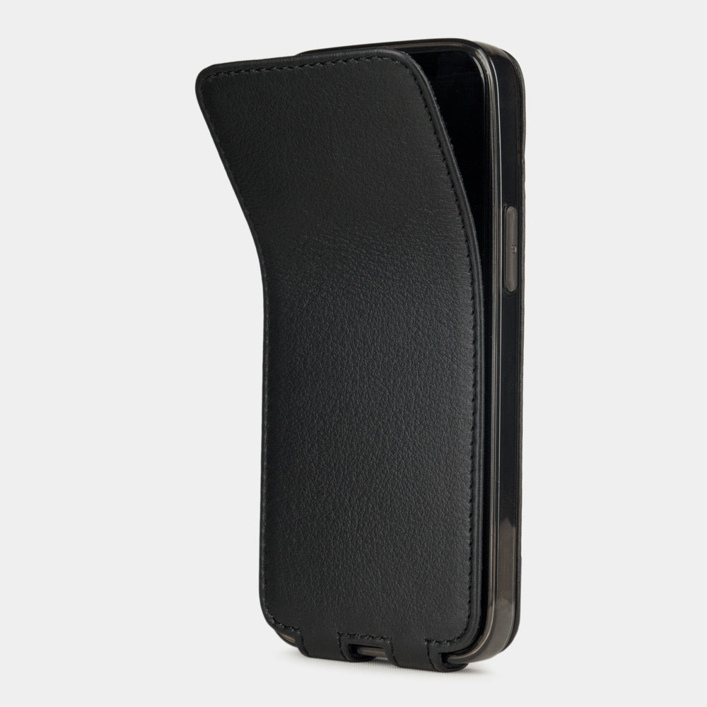black leather iPhone 12 mini flip case shown partially open, slim handcrafted leather cover with magnetic flap