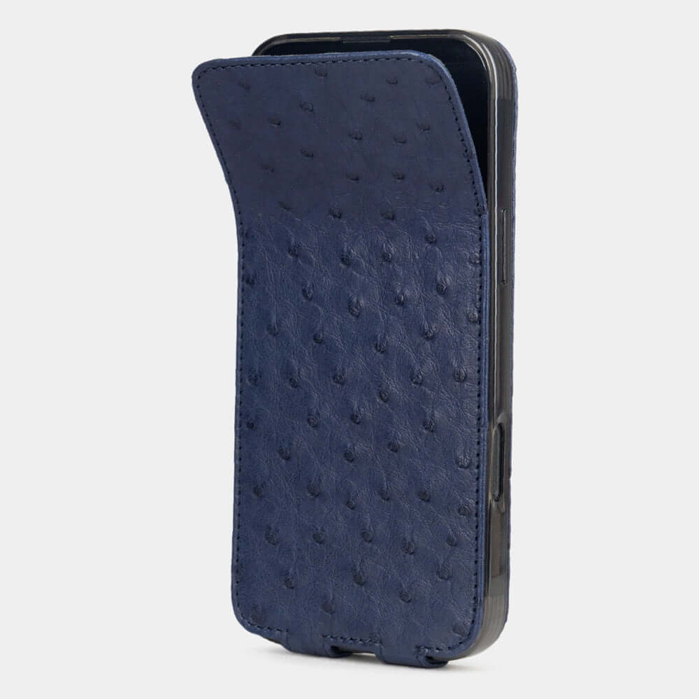 Blue Ostrich Flip Case iPhone 16 Pro Max – phone flip case with textured quill pattern, flexible front cover folding back to protect the smartphone screen