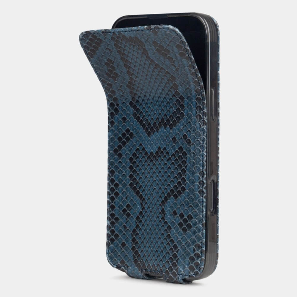 Blue Python Flip Case iPhone 16 Pro Max – phone flip case with textured natural scale pattern, flexible front cover folding back to protect the smartphone screen