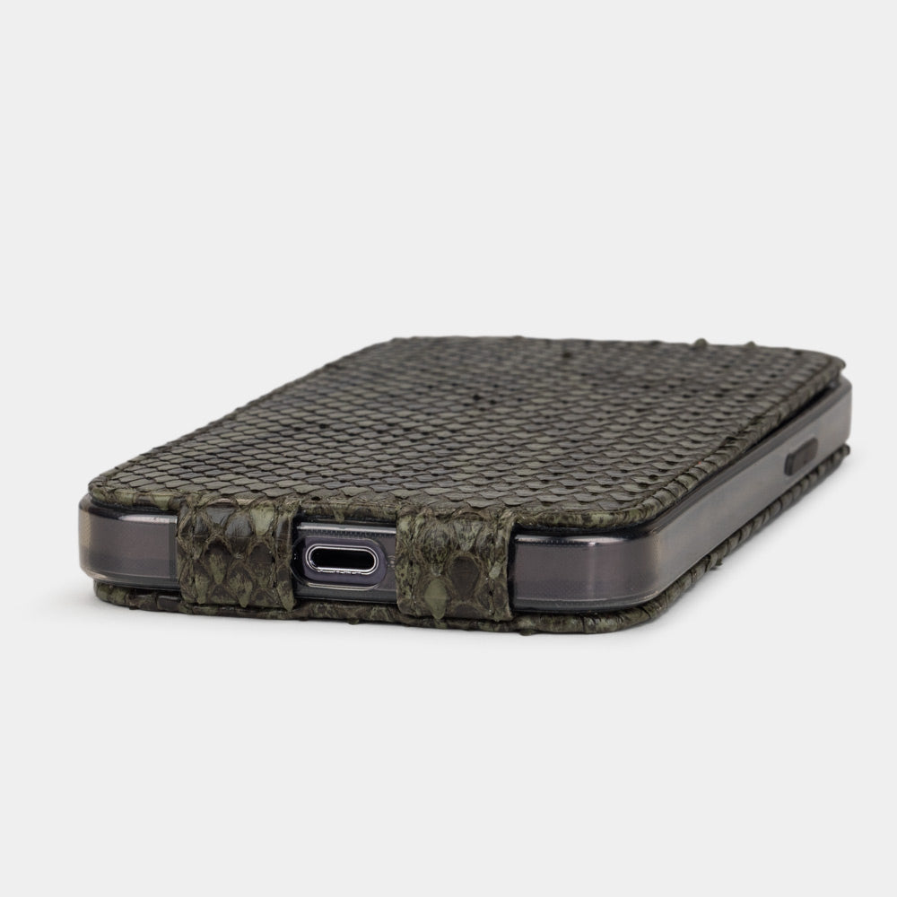 Green python leather iPhone 14 Pro flip case with the flap folded back showing the Alcantara lining
