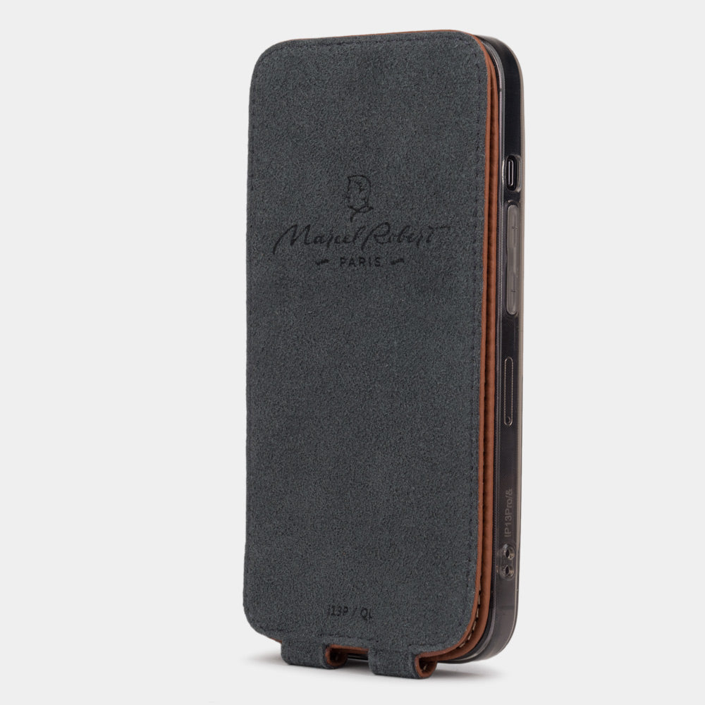 iPhone 14 flip case made with gold premium leather – flap folded onto the back of the iPhone, showing the Alcantara® fabric lining that cleans the screen