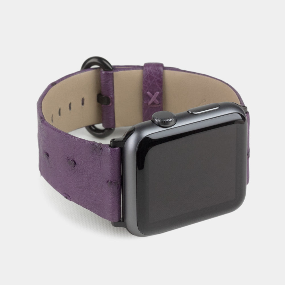 purple ostrich strap apple watch black adapters and buckle frontal view