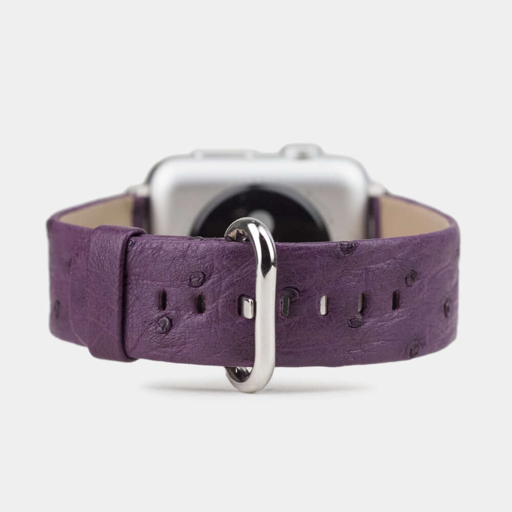 Strap for the Apple Watch 41/42 mm in purple ostrich leather, with steel adapters and buckle | main view