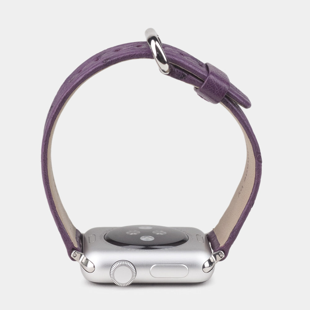 purple ostrich strap apple watch steel adapters and buckle profile view