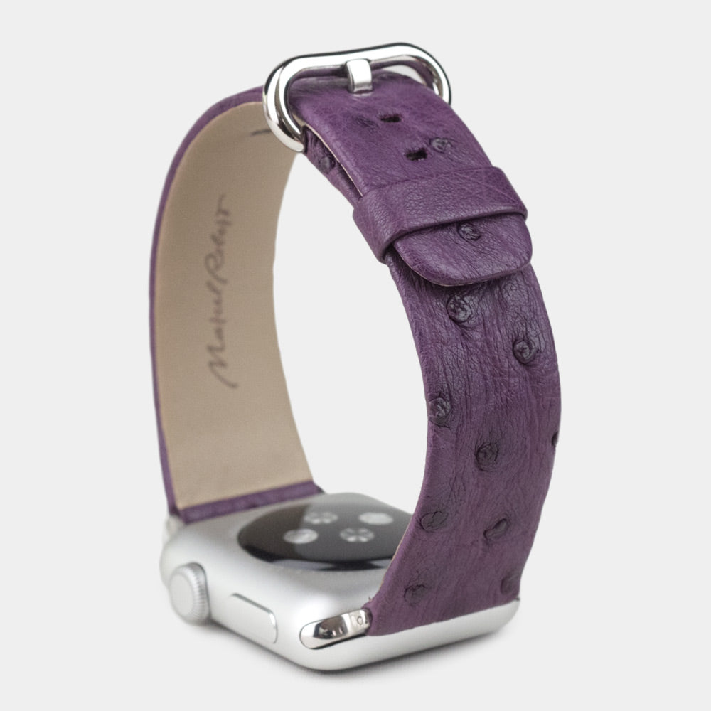 purple ostrich strap apple watch steel adapters and buckle upper view