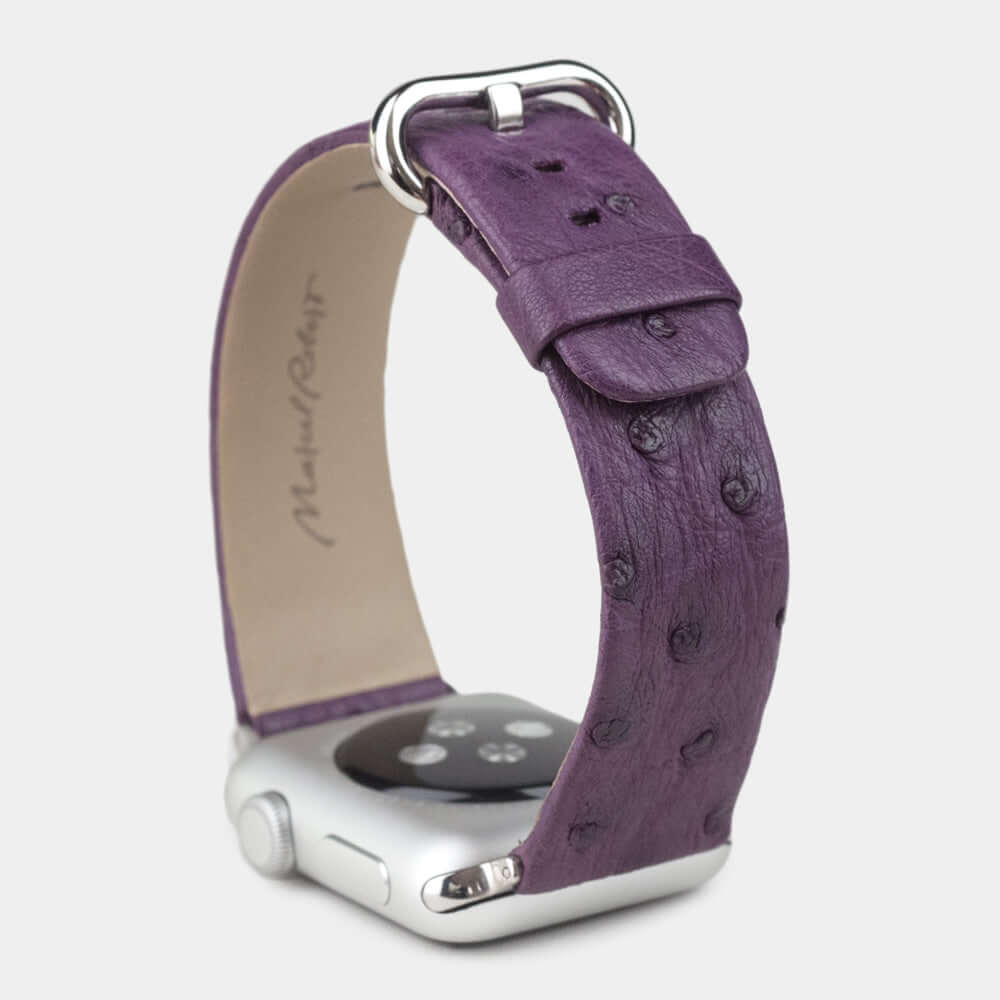 Strap for the Apple Watch 41/42 mm in purple ostrich leather, with steel adapters and buckle | full profile view to see the thickness of the strap