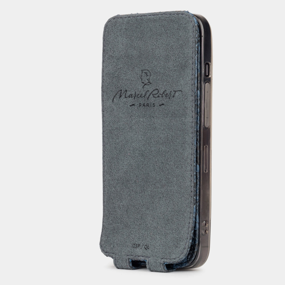 Blue python leather case iPhone 15 Pro Max – side view showing camera lens protection