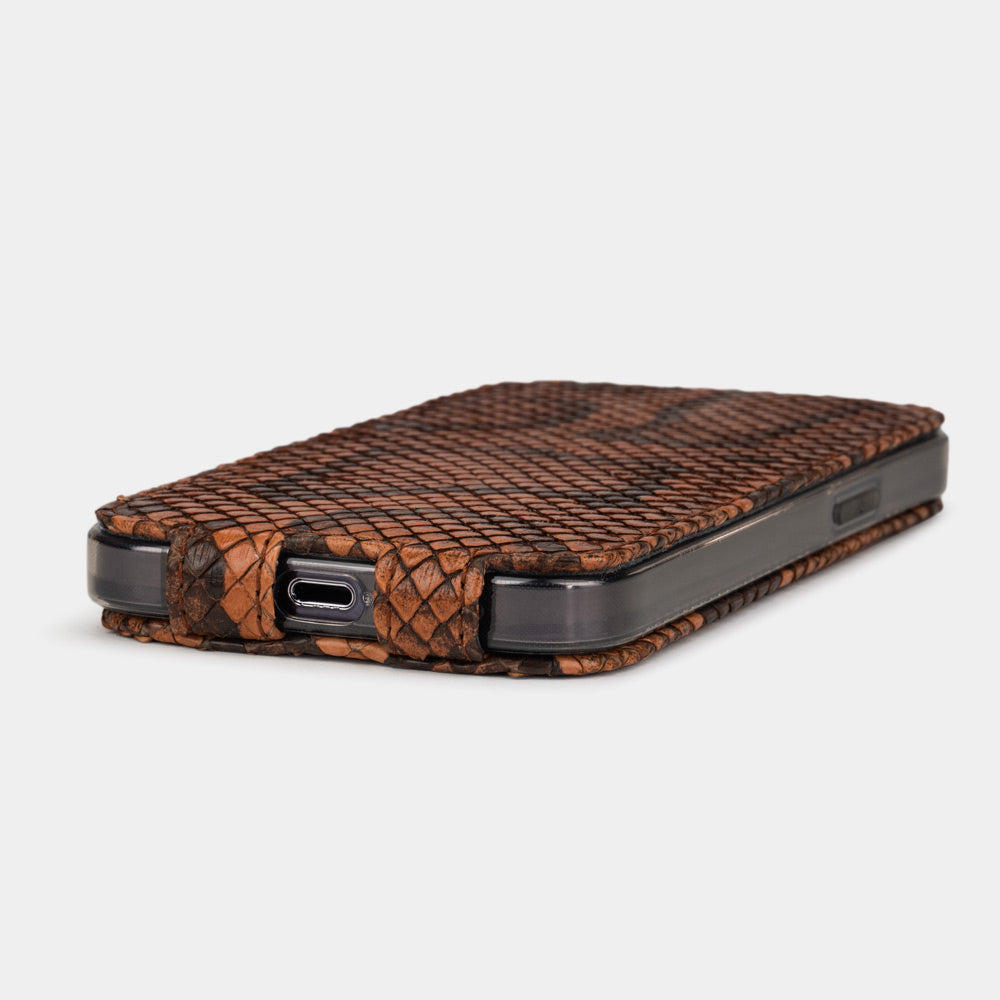 Gold python leather case iPhone 15 Pro Max – side view showing camera lens protection