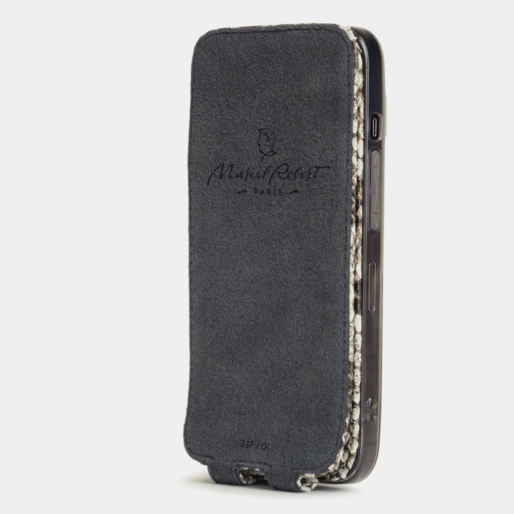 Natural python leather case iPhone 15 Pro Max – interior view showing the Alcantara® lining and camera cutout
