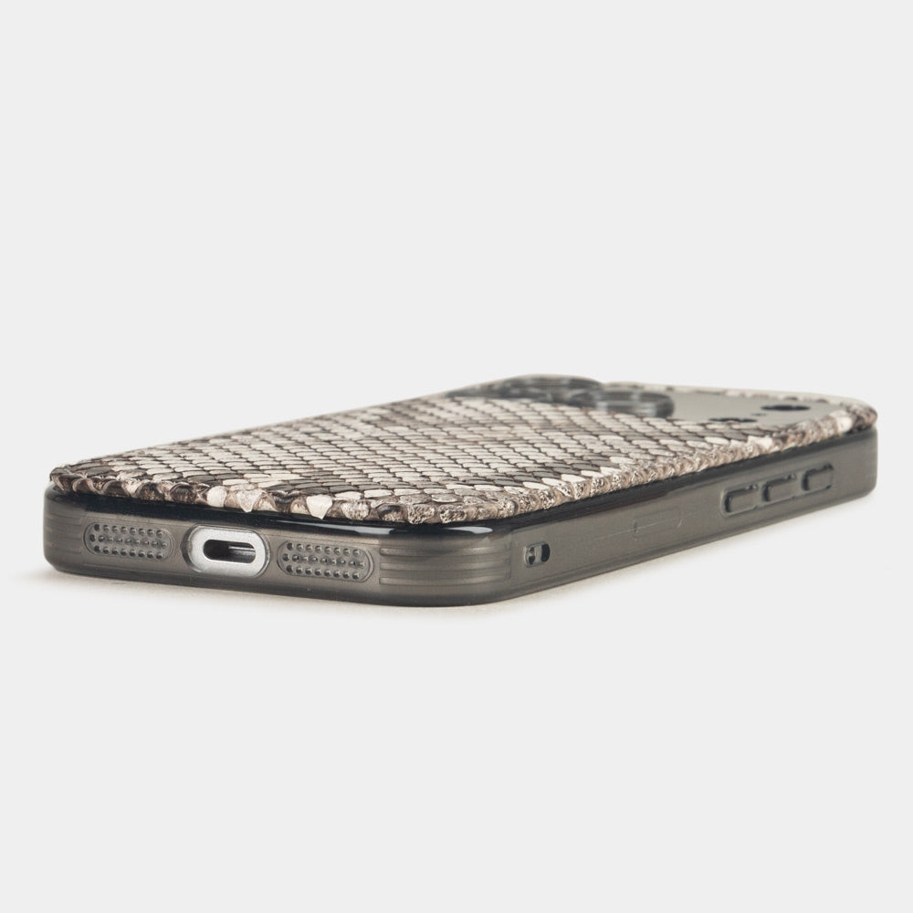 Natural Python Cover Case iPhone 17 Pro Max - flat side view displaying ultra-thin handcrafted design, USB-C port opening and precise edge finishing