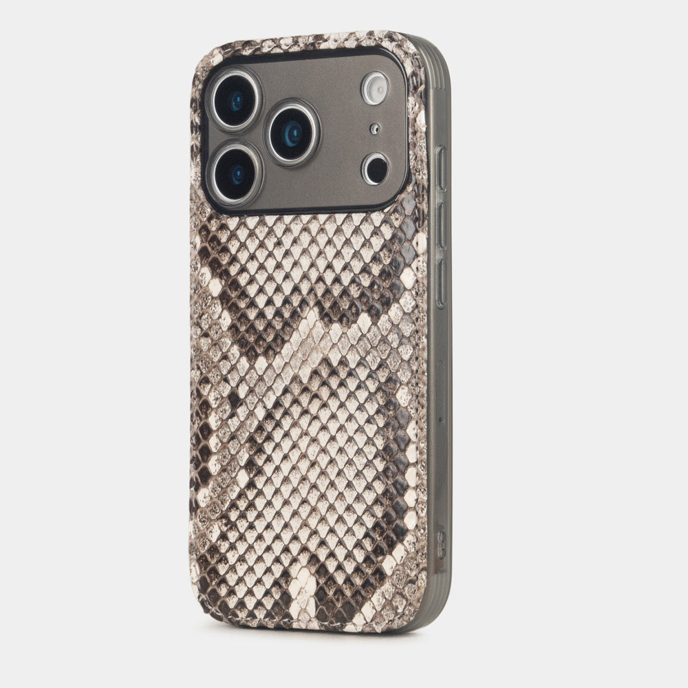 Natural Python Cover Case iPhone 17 Pro Max silver – luxury handmade phone case in genuine python leather