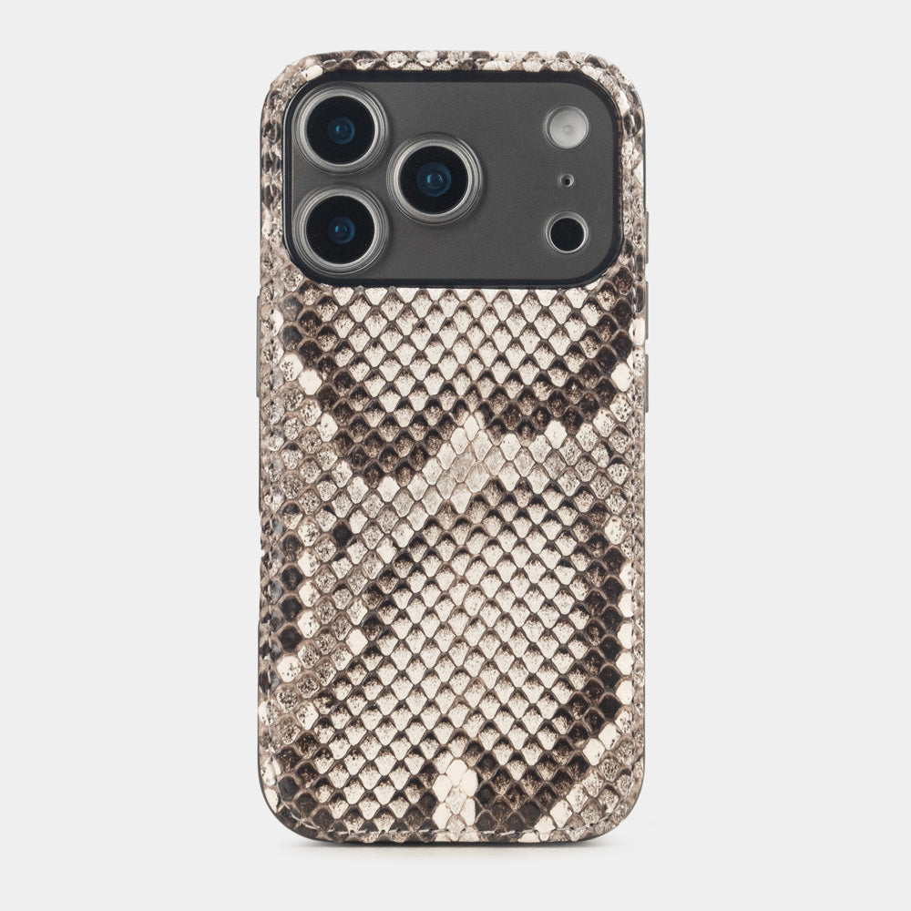 Natural Python Cover Case iPhone 17 Pro Max silver– luxury handmade phone case in genuine python leather, main photo