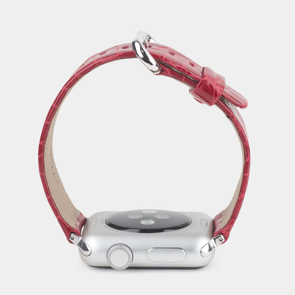 red alligator strap Apple Watch steel adapters and buckle profile view