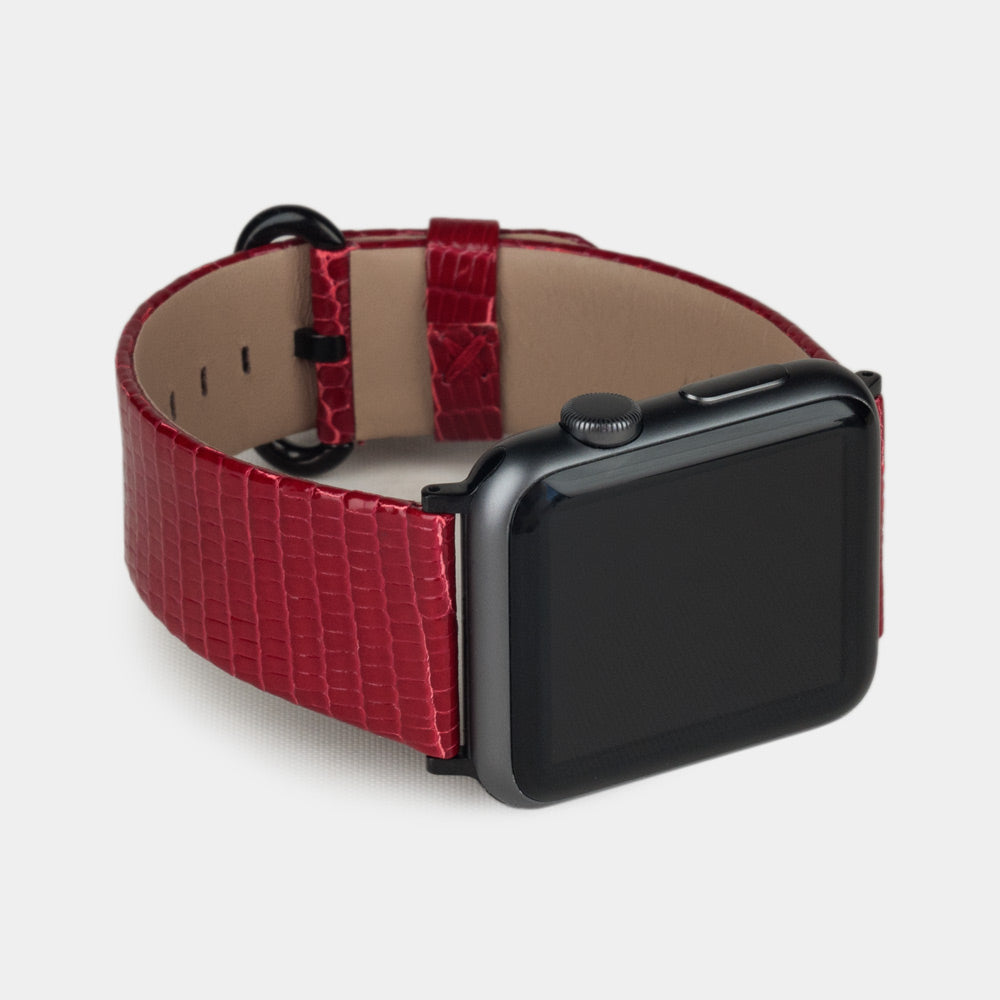 red lizard Strap Apple Watch black adapters and buckle frontal view