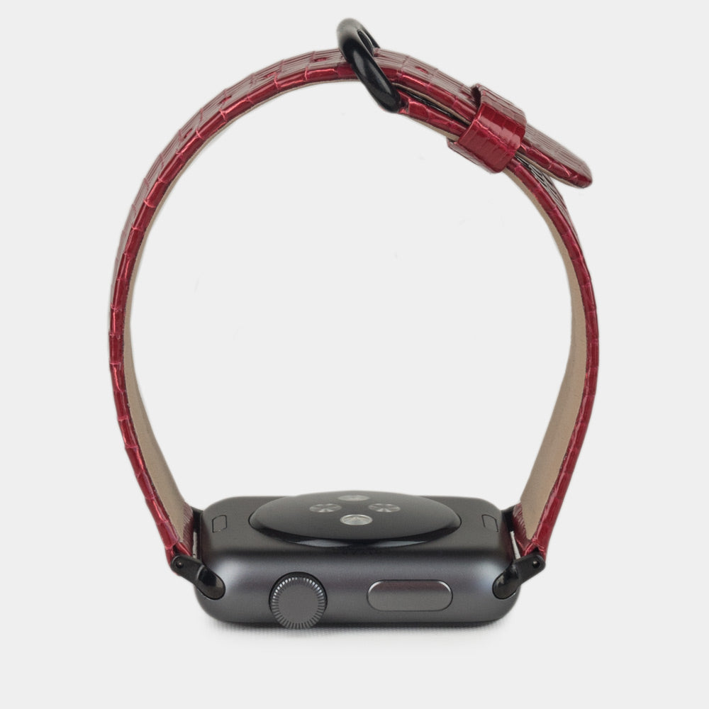 red lizard Strap Apple Watch black adapters and buckle profile view