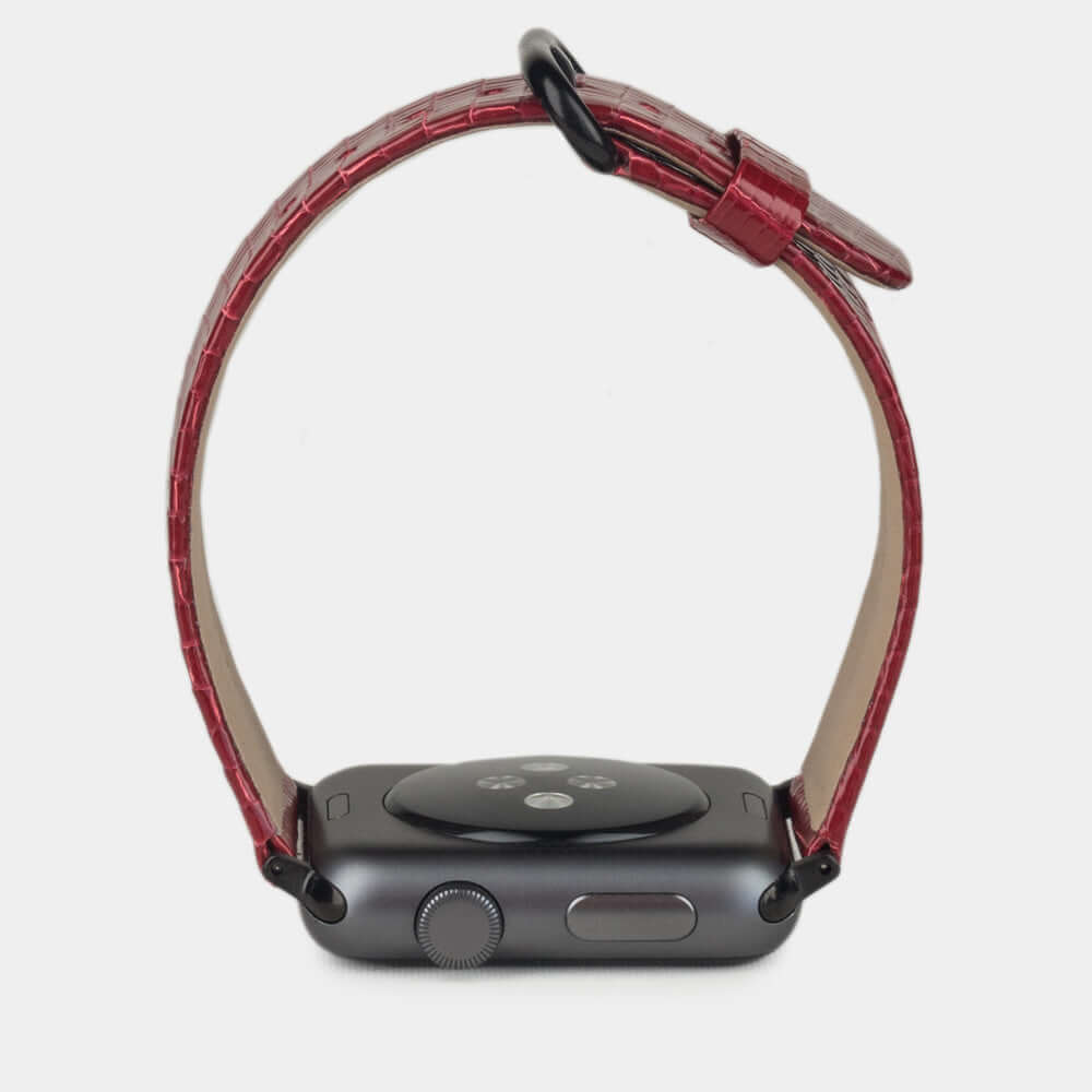 red lizard Strap Apple Watch black adapters and buckle profile view