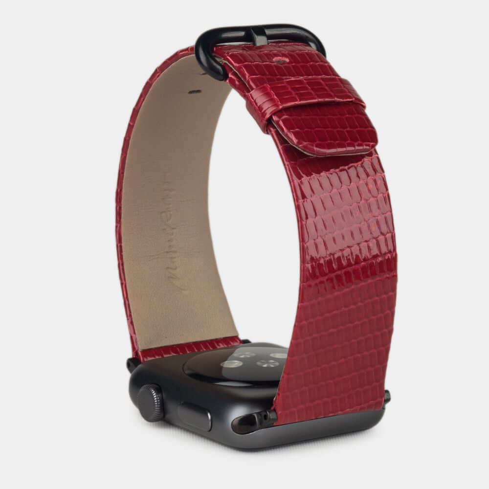 red lizard Strap Apple Watch black adapters and buckle upper view