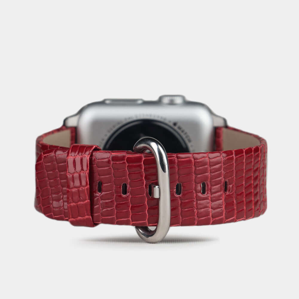 red lizard strap Apple Watch with steel adapters and buckle main view