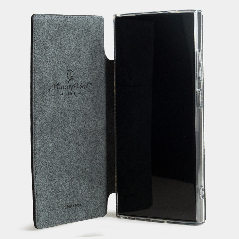 Black calfskin wallet case for Samsung Galaxy S24 Ultra – case opened flat, revealing the Alcantara® inner protective lining