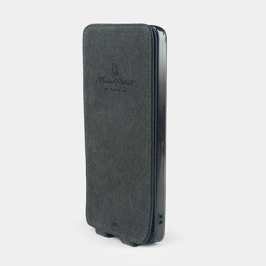 Samsung S26 Ultra blue leather flip case Alcantara-lined magnetic flap that folds back during calls