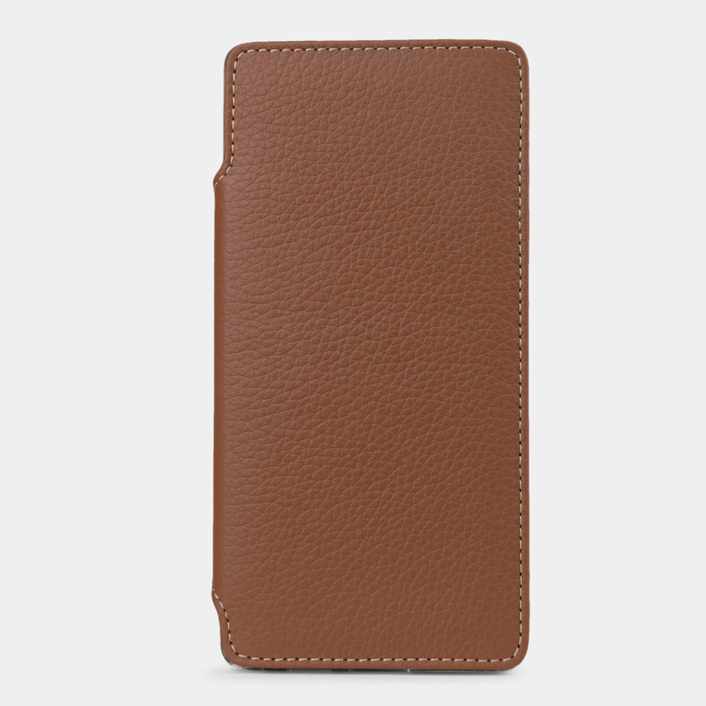 gold leather Wallet Case Samsung Galaxy S25 Ultra with card holder –handmade phone case in genuine leather with magnetic front cover closed, main photo