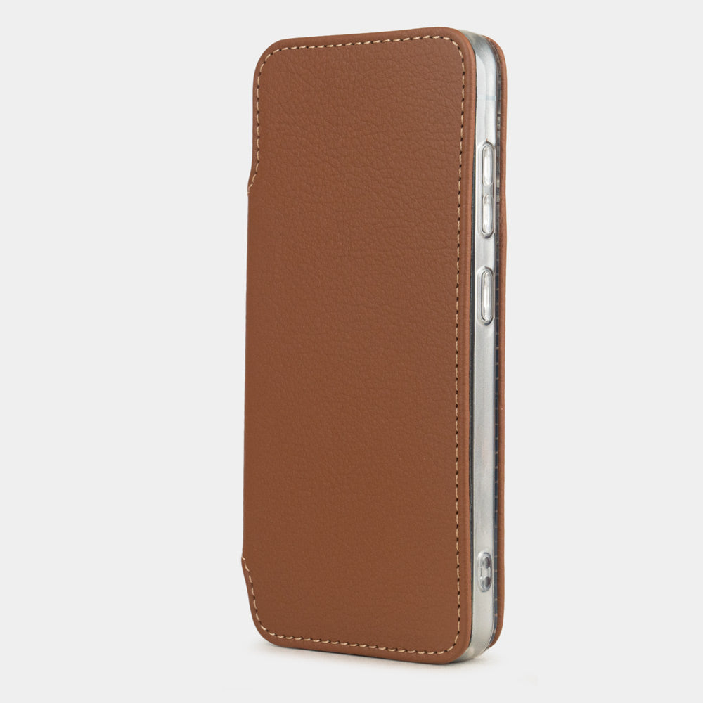 gold calfskin wallet case for Samsung Galaxy S24 – slim leather folio case closed, view from profile