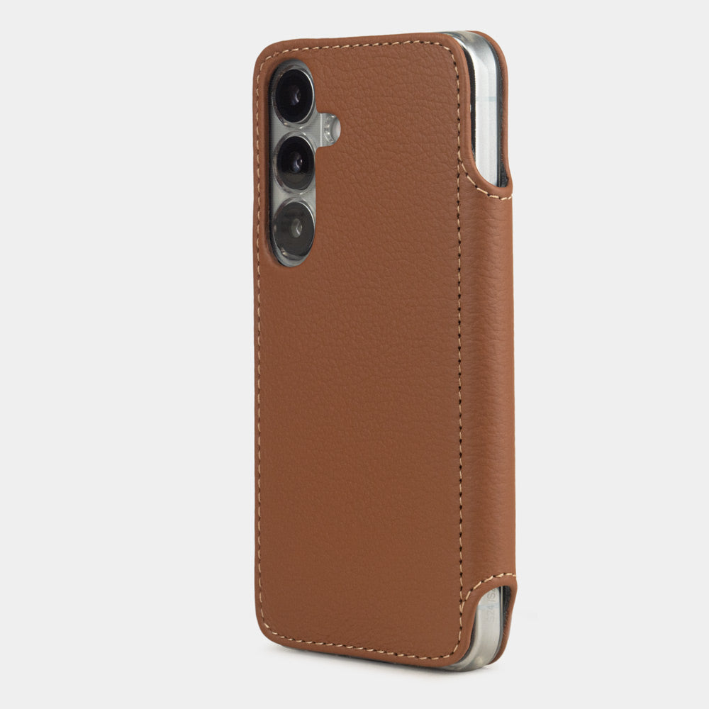 Gold calfskin wallet case for Samsung Galaxy S24 – back view showing the precise camera cutout and how optical lenses are efficiently protected