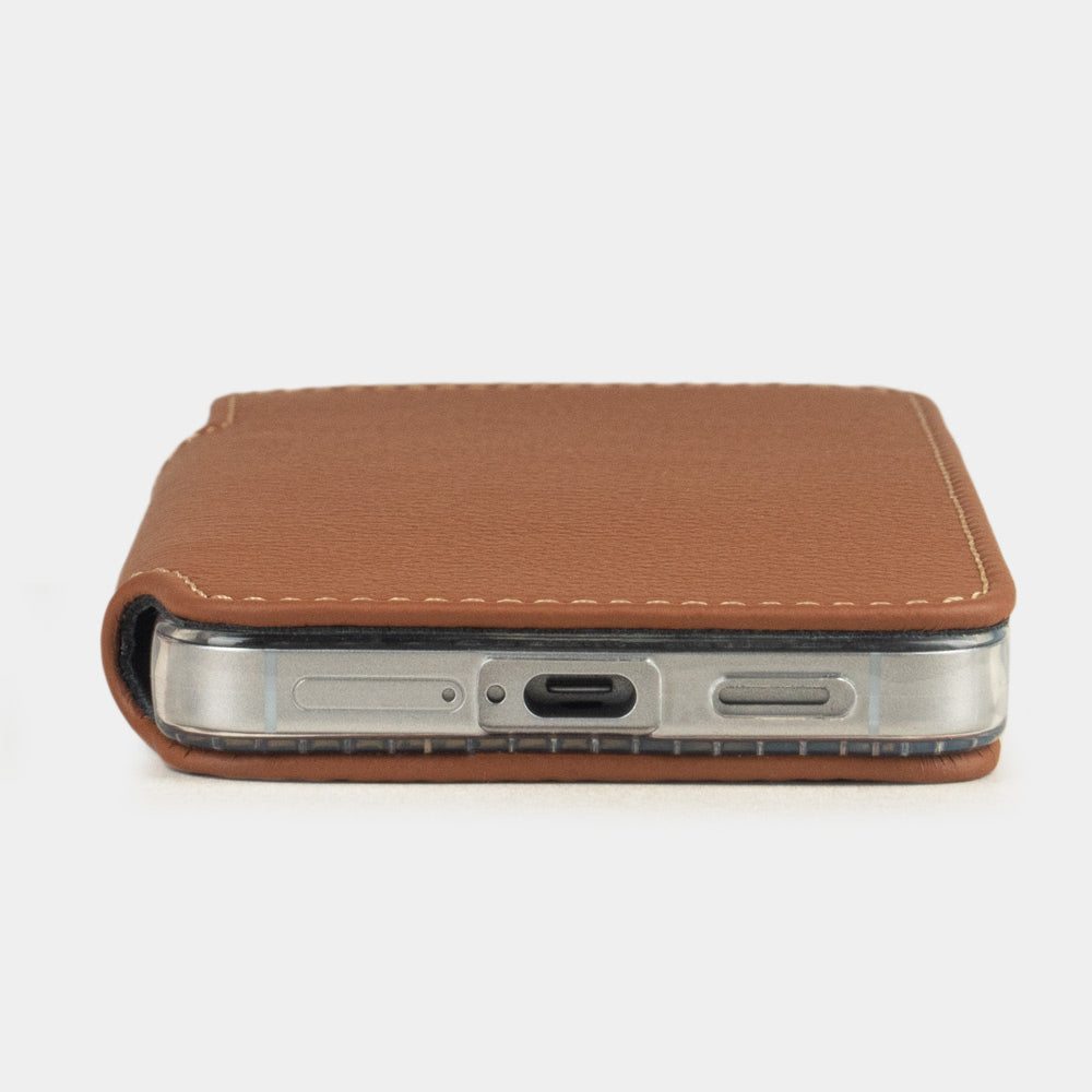 Gold calfskin wallet case for Samsung Galaxy S24 – flat edge view showing the USB-C port opening and how thin is this wallet case