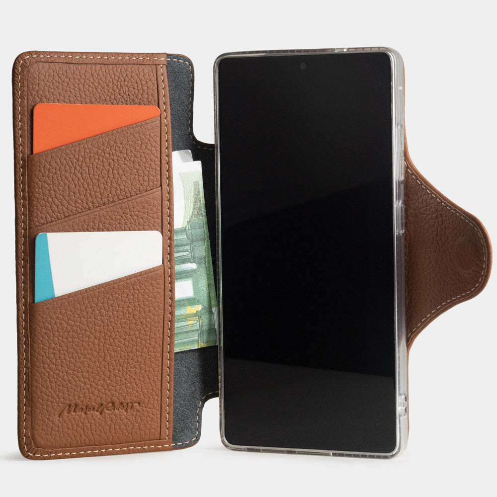 gold leather Samsung S26 Ultra flip wallet case interior with credit card holder and protective cover