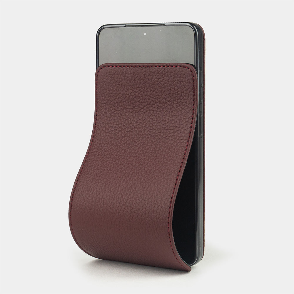 bordeaux calfskin flip case Samsung Galaxy S26 Ultra – luxury handmade phone case in genuine leather with magnetic front cover partially open