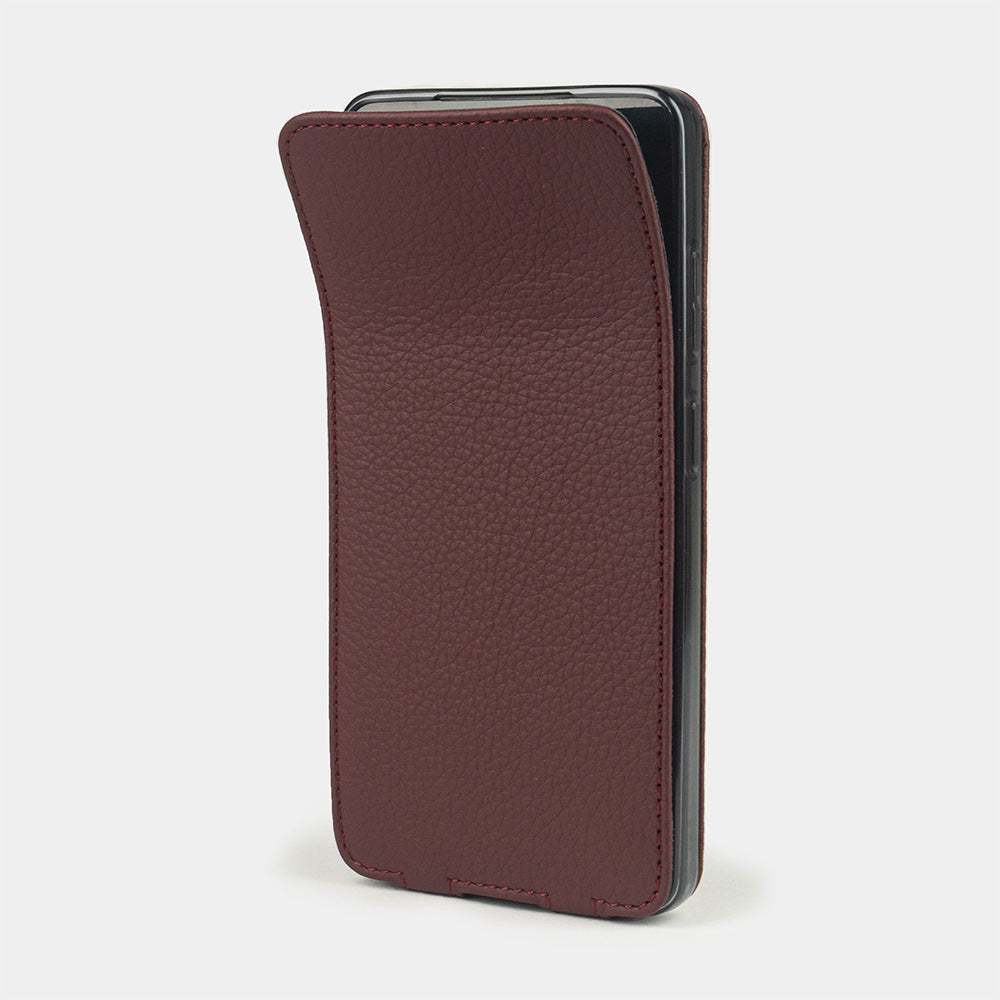 Samsung S26 Ultra bordeaux leather flip case with Marcel Robert's signature soft-fold flexible flap
