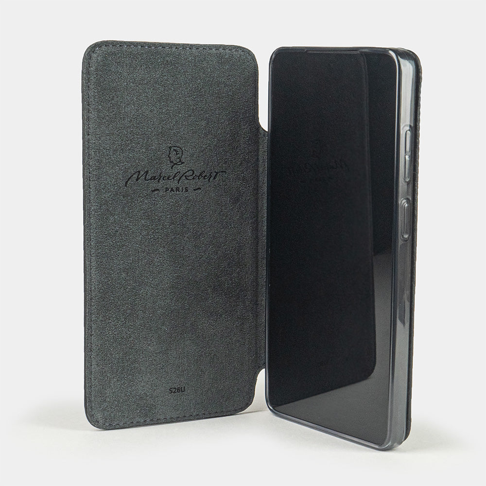 black calfskin Wallet Case Samsung Galaxy S26 Ultra - case with grey Alcantara lining shown open on smartphone