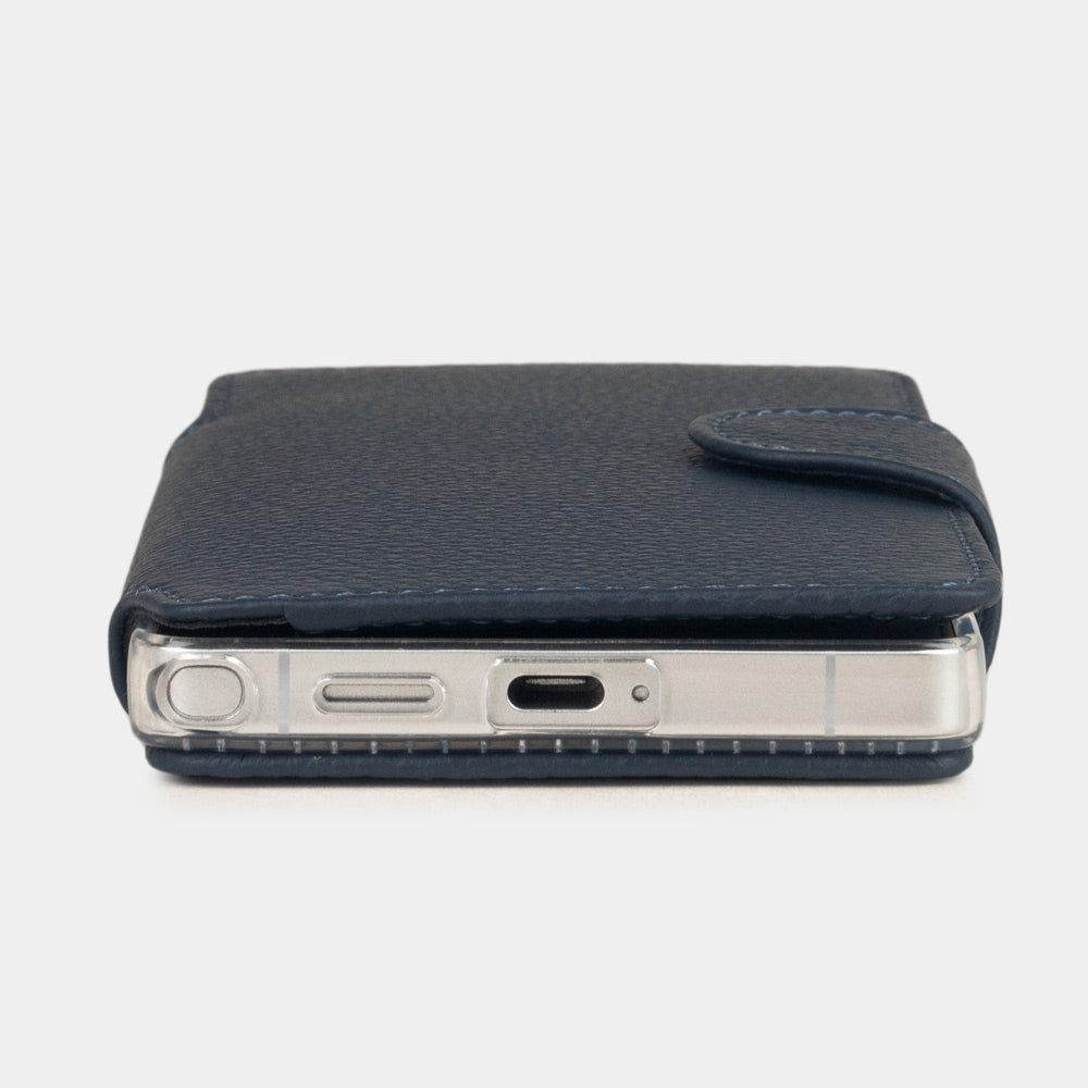 blue leather Samsung S26 Ultra wallet case bottom view showing slim profile and precise cut-outs