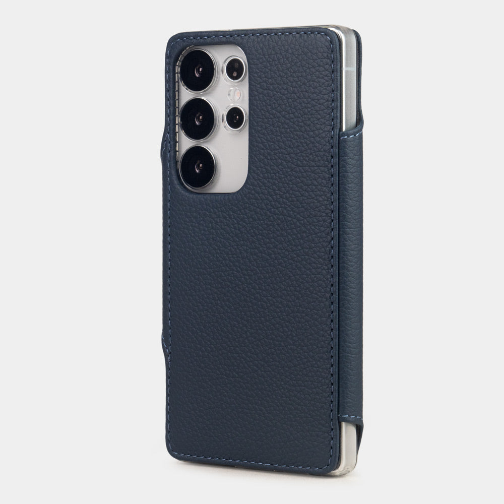 blue leather Samsung S26 Ultra wallet case rear view showing camera cut-out and premium leather texture