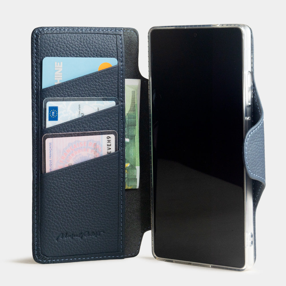 blue leather Samsung S26 Ultra flip wallet case interior with credit card holder and protective cover