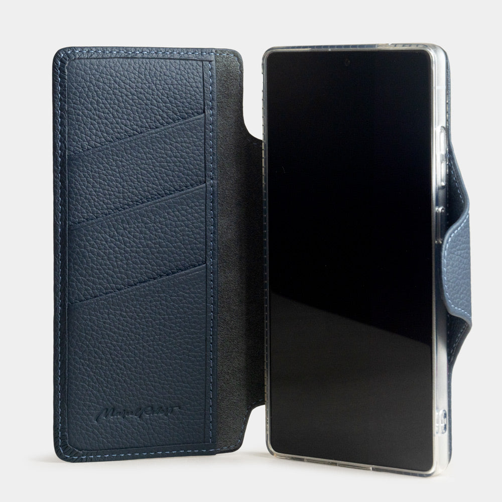 blue leather Samsung S26 Ultra wallet case opened showing interior card holder slots