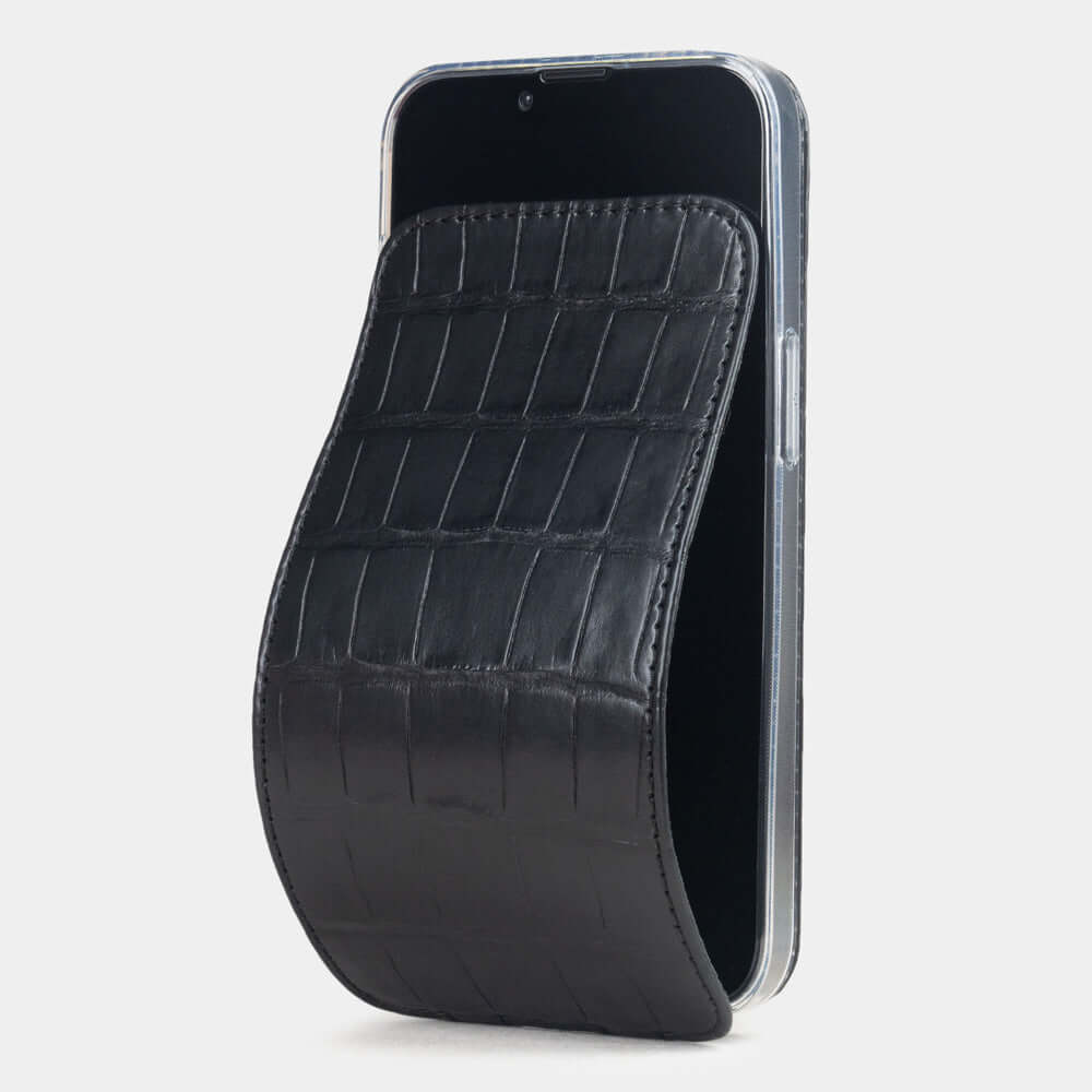 Black Alligator Case iPhone 16 e – luxury handmade phone case in genuine leather with magnetic front cover partially open, main photo