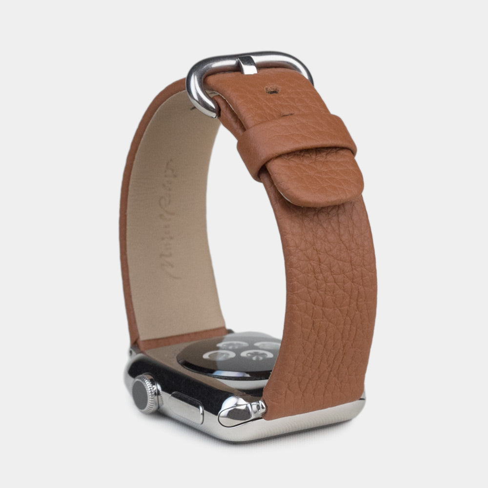Strap for the Apple Watch 41/42 mm in Gold soft grained calfskin leather, with steel adapters and buckle | full profile view to see the thickness of the strap