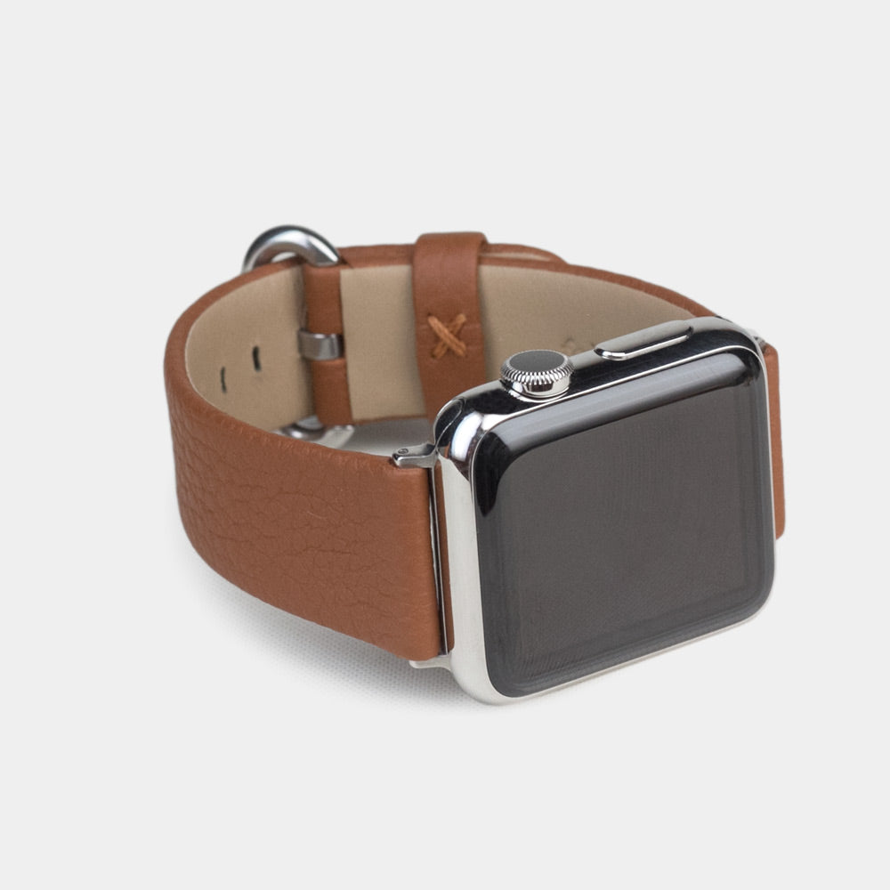 Strap for the Apple Watch 41/42 mm in Gold soft grained calfskin leather, with steel adapters and buckle | 3/4 profile view to see the inner lining leather