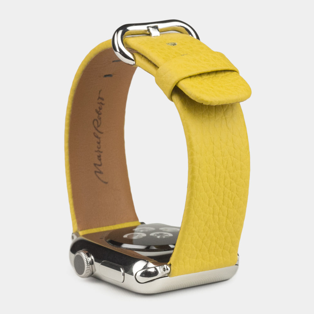Strap for the Apple Watch 41/42 mm in yellow soft grained calfskin leather, with steel adapters and buckle | full profile view to see the thickness of the strap